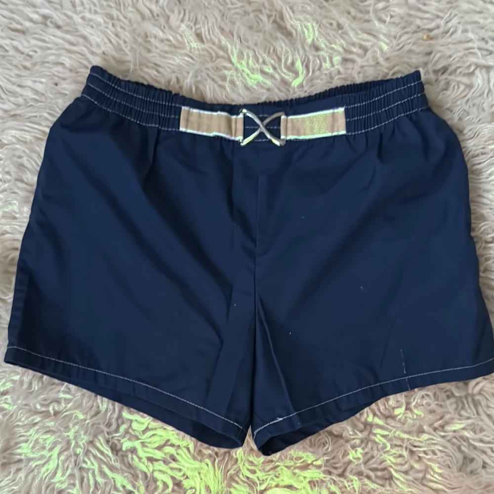 Vintage Navy Blue Boating Shorts with White Belt Accent